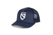 A navy NEMO Trucker Hat by NEMO Equipment, featuring a mesh cap and curved brim, with "NEMO" and a stylized logo embroidered in white on the front.