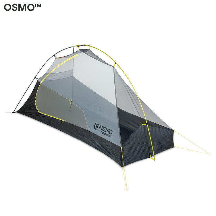 The Hornet OSMO™ Ultralight Backpacking Tent by NEMO Equipment features mesh panels, yellow poles, taut guylines, and advanced OSMO fabric for excellent water repellency, displayed on a white background.