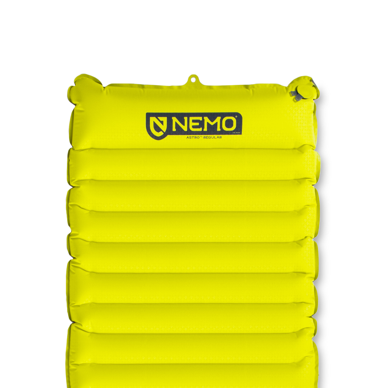 The NEMO Equipment Astro™ Non-Insulated Lightweight Sleeping Pad features a bright yellow design with horizontal air chambers and the NEMO logo at the top, making it an ideal camping mattress for outdoor adventures.