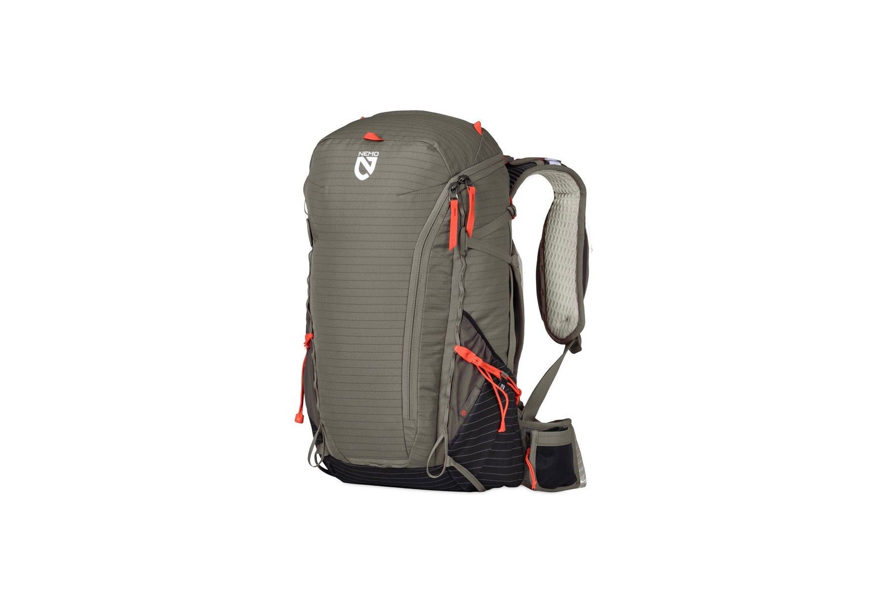 The NEMO Equipment Persist™ Men's 30L Endless Promise® All-Adventure Backpack, in gray and black with orange zipper pulls, side pockets, padded shoulder straps, and a hip belt, stands upright on a white background.