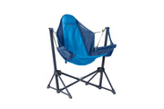 The NEMO Equipment Stargaze™ EVO-X Folding Reclining Camp Chair features hammock-style seating, a blue fabric seat, black folding frame, upright supports, and fabric armrests for luxury comfort while camping.