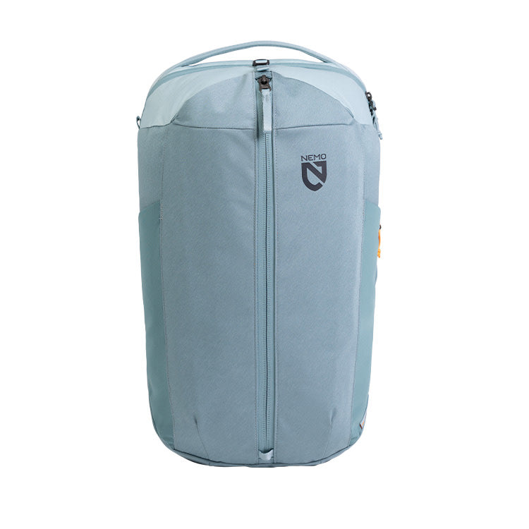 The NEMO Equipment Vantage™ 40L Endless Promise® Overnight Travel Backpack is a light blue, water-resistant bag with a top handle, two side pockets, and the NEMO logo—ideal for durable travel.