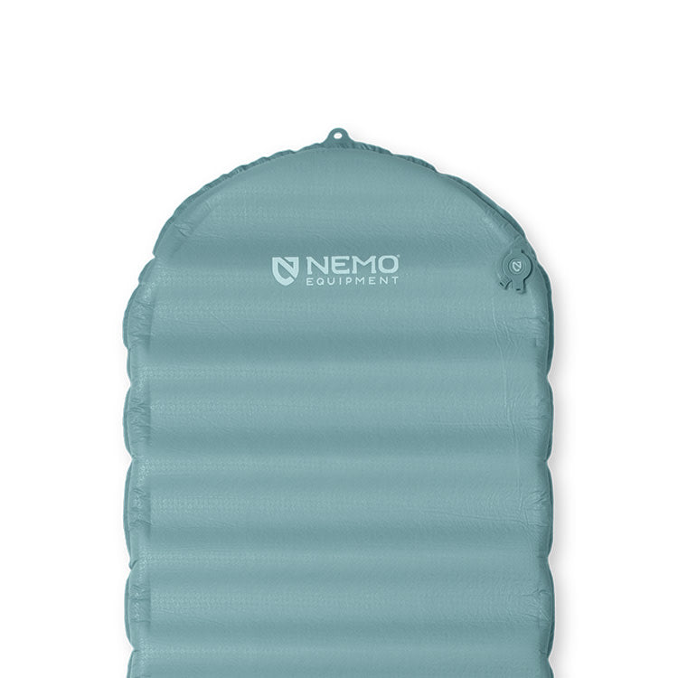 The NEMO Equipment Flyer™ Self-Inflating Sleeping Pad, featuring the brand logo and an air valve at the top right, is a lightweight blue camping pad perfect for outdoor adventures.