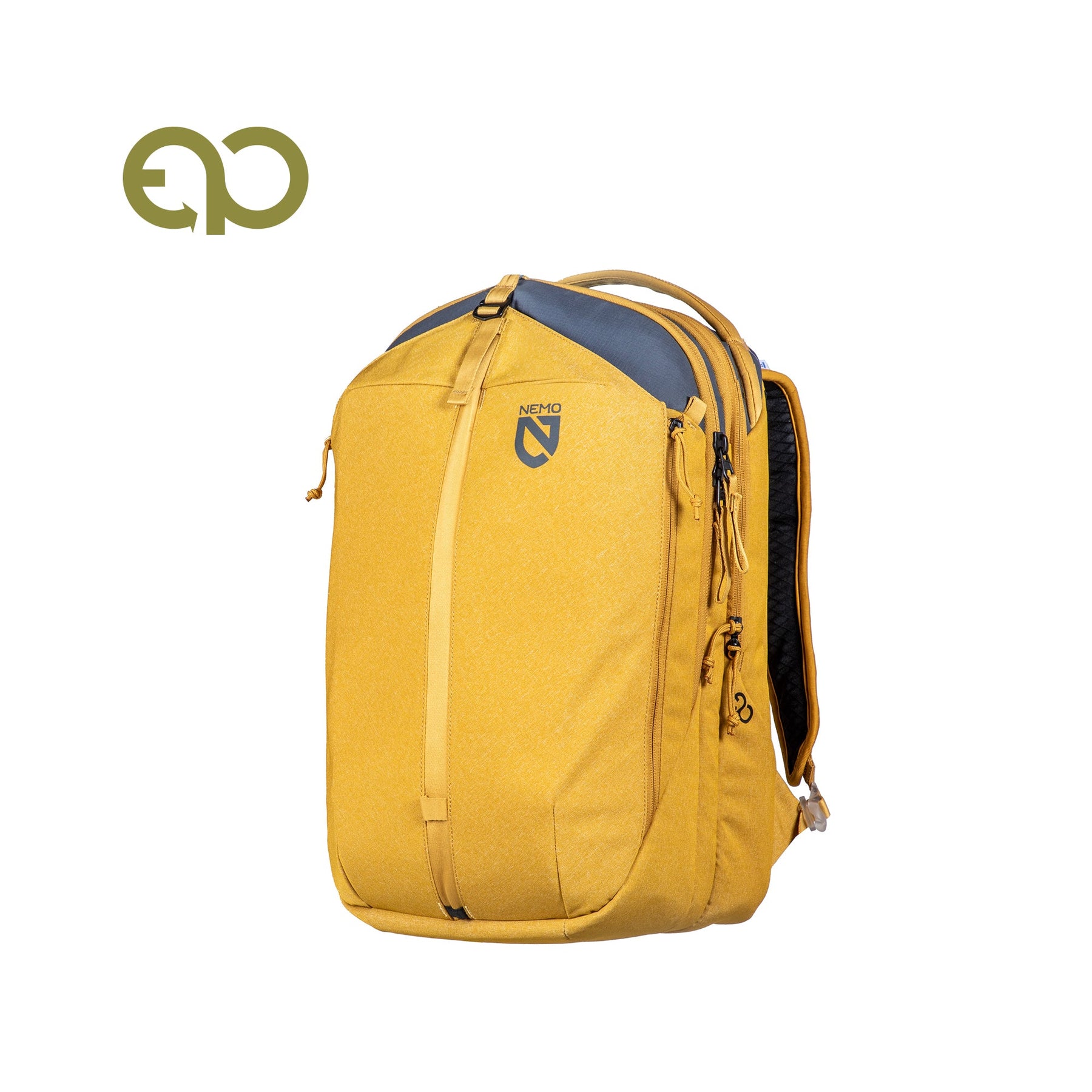Yellow and grey NEMO Equipment Vantage™ 26L Endless Promise® Everyday Adventure Daypack with multipurpose design, abrasion-resistant fabric, multiple compartments, and shoulder straps. Shown on white background with NEMO logo top left.