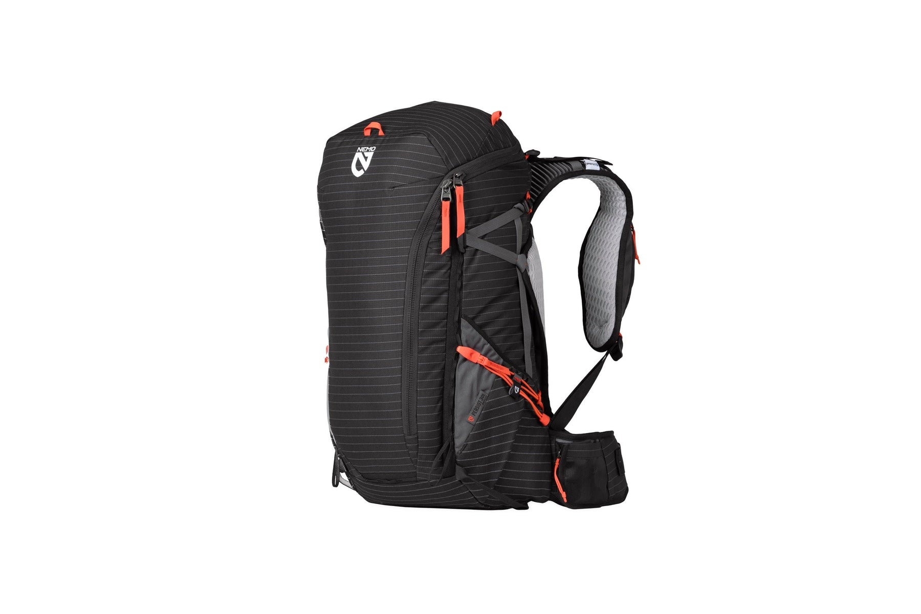 The Persist™ Men's 30L Endless Promise® All-Adventure Backpack by NEMO Equipment features black and gray design with red zippers, multiple compartments, padded shoulder straps, and sustainable materials, shown on a white background.