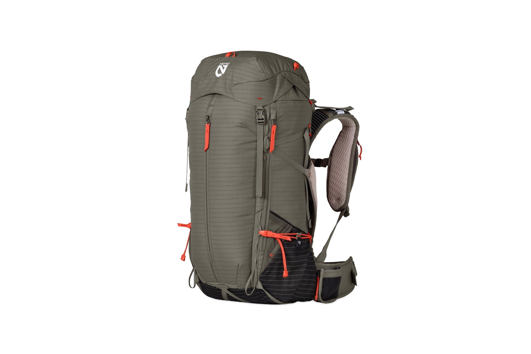 The NEMO Equipment Persist™ Men's 45L Endless Promise® All-Adventure Backpack, shown upright on a white background, features an olive green build with orange zipper pulls, padded straps, hip belt, and multiple compartments. Made from sustainable materials.