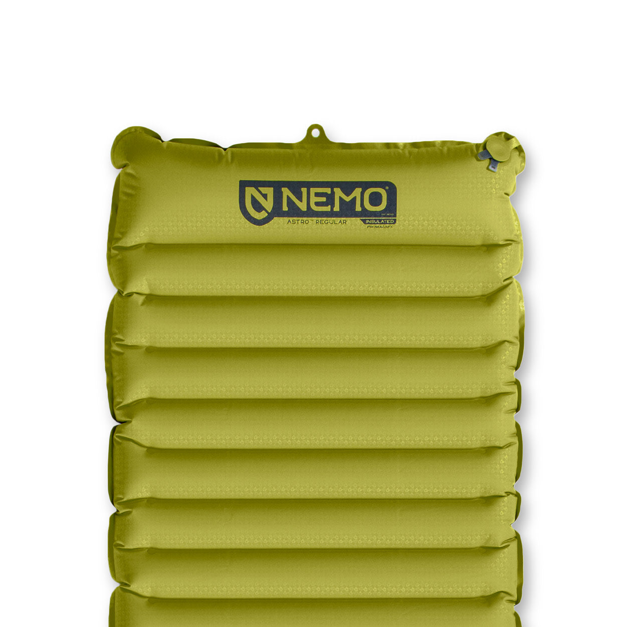 A top view of the NEMO Equipment Astro™ Insulated Lightweight Sleeping Pad, made from recycled polyester with horizontal air chambers for pillow support and the NEMO logo printed on it.