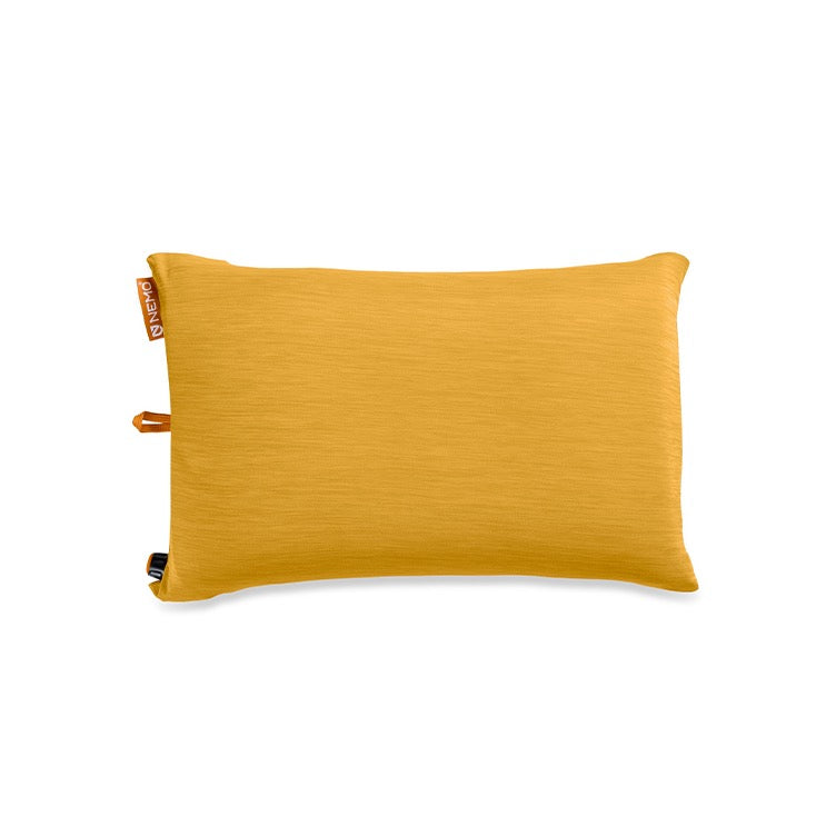The NEMO Equipment Fillo™ Backpacking & Camping Pillow is rectangular, mustard yellow, and has a smooth fabric texture with a small fabric loop and branded tag on one side, shown isolated on a white background.