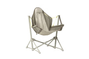 The NEMO Equipment Stargaze™ EVO-X Folding Reclining Camp Chair is a portable, foldable luxury seat with a high backrest, armrests, sturdy metal frame, and light gray fabric for comfortable outdoor relaxation.