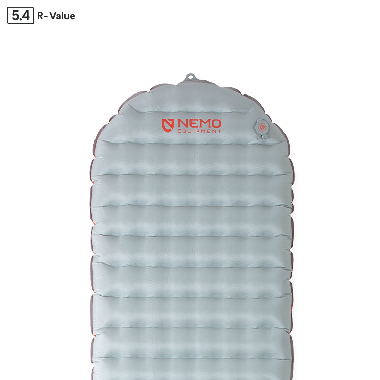 A gray NEMO Equipment Tensor™ All-Season Ultralight Insulated Sleeping Pad with a 5.4 R-Value label is shown, featuring Spaceframe™ baffle design for improved stability and comfort.