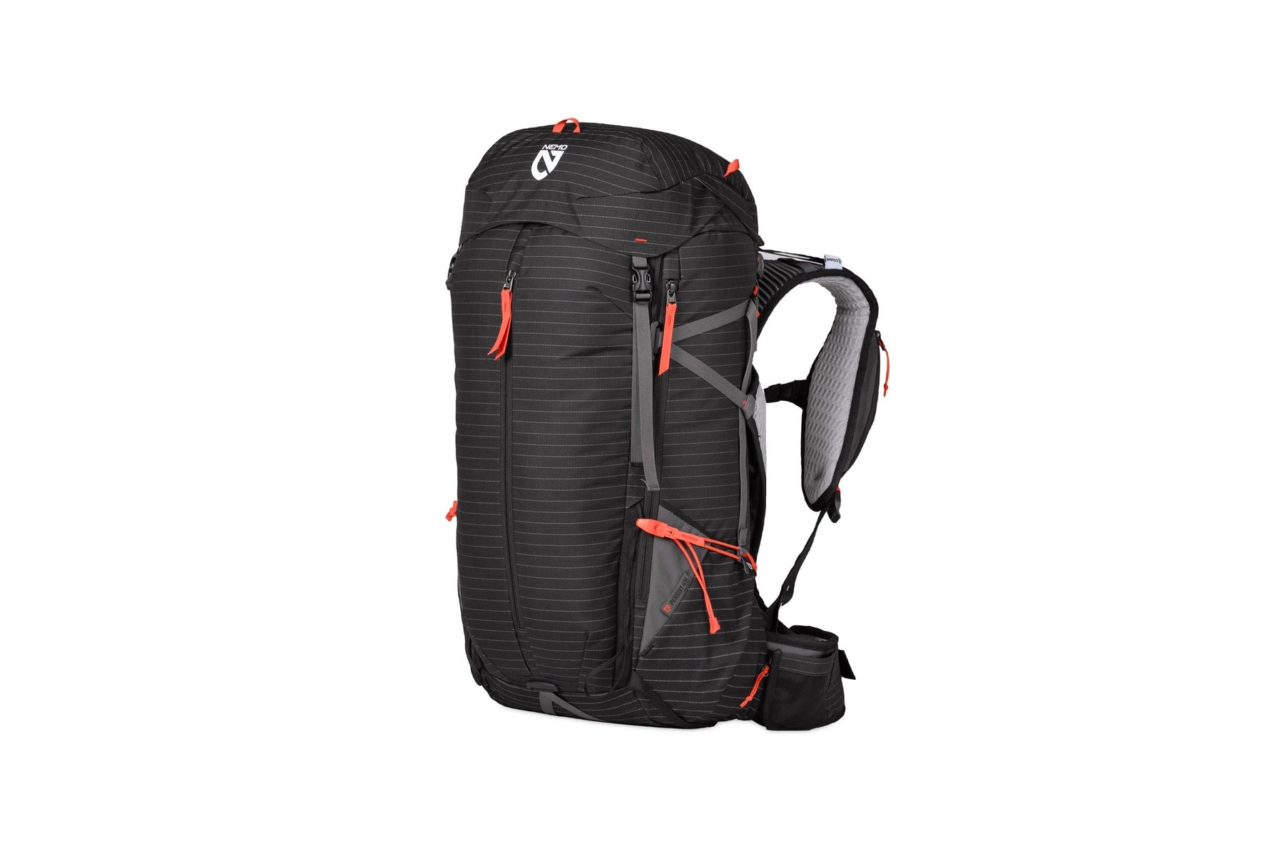 The NEMO Equipment Persist™ Men's 45L Endless Promise® All-Adventure Backpack features a large black design with red zipper pulls, multiple compartments, adjustable straps, and a padded hip belt made from sustainable materials.